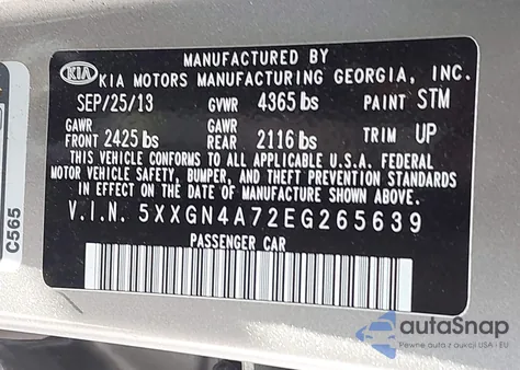 2014 Kia Optima Ex z USA, uszkodzony, nr VIN 5XXGN4A72EG265639